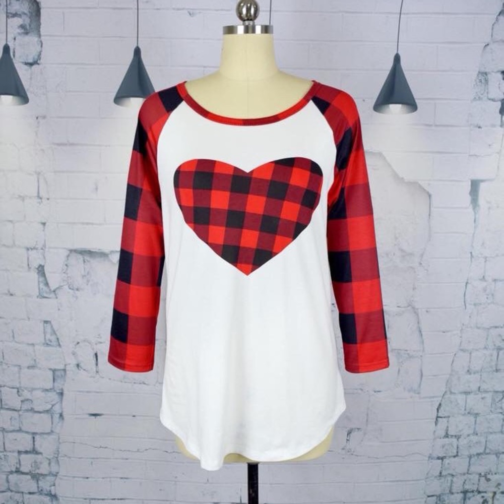 Valentine Heart Buffalo Plaid Raglan Shirt Medium